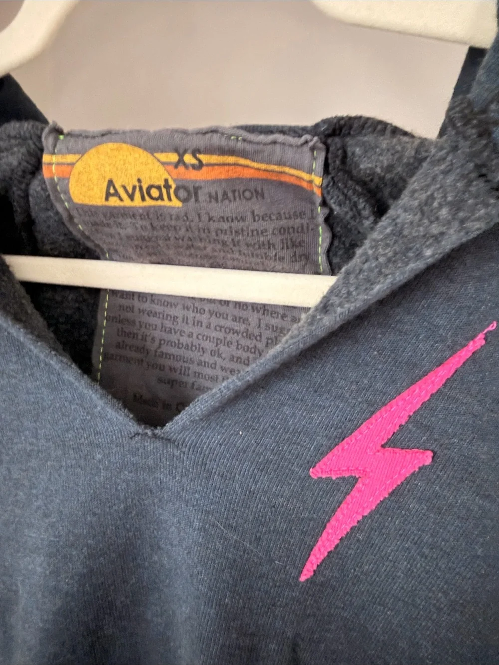 Aviator Nation Women's Navy Hoodie with Neon Lightning & Chevron Sleeve - Picture 5 of 5
